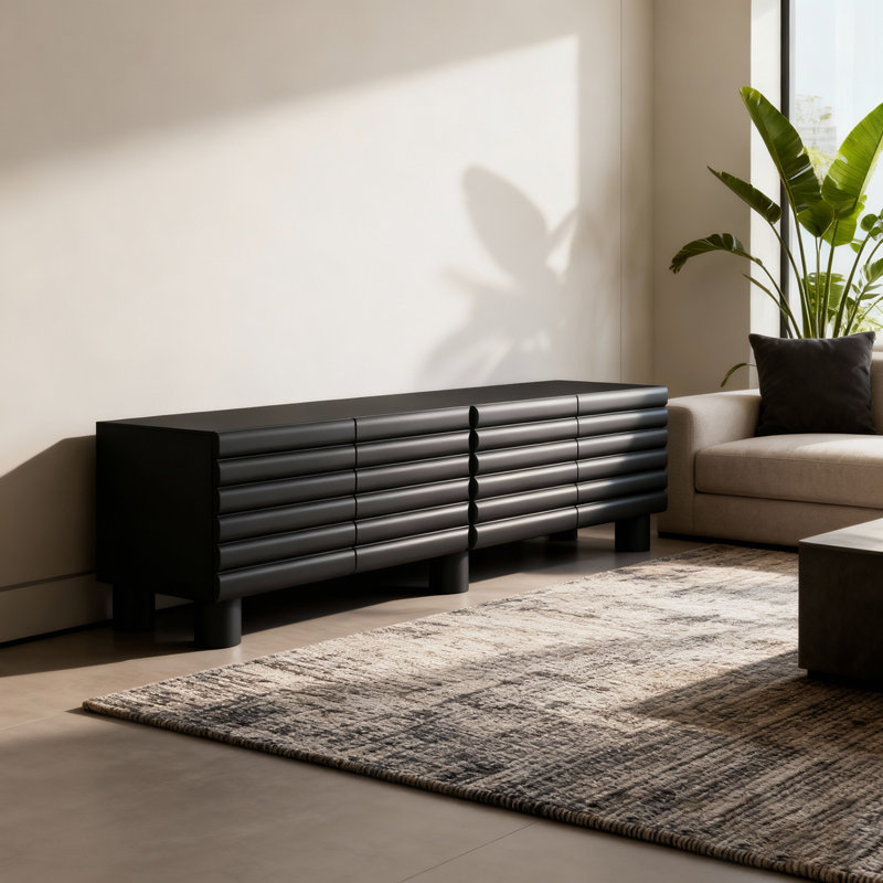 Console multimédia avec pieds cylindriques et trous de câbles pour le salon, Black