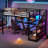 Full Loft Bed With Desk And Storage Stairs, Metal Loft Beds With LED Lights, USB Ports, Multifunctional Iron Nets, No Spring Box Needed And Noise-Free, Black
