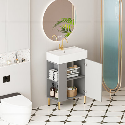 Meuble-lavabo à tablettes ouvertes avec lavabo en céramique et porte à fermeture douce
