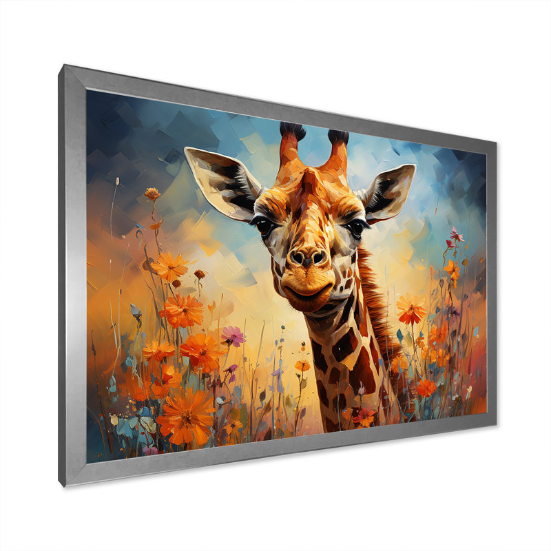 Girafe brune expressionniste - impression, Cadre simple argenté, H 12 po x l 20 po x P 1 po