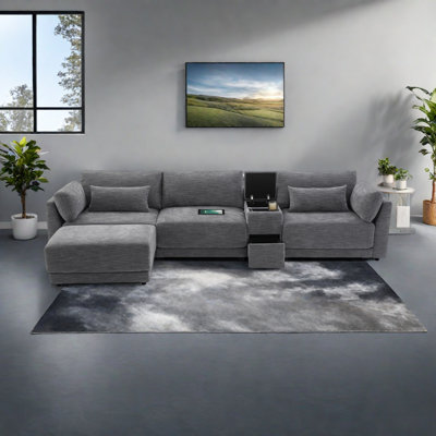 Modular Sectional Sofa With Storage Console And Movable Ottoman,33'' Wide Seat,4 Seat L Shaped Chenille Couch,Reversible Comfy Sofa With USB Charger F