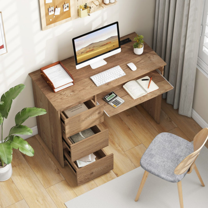 Bureau d'ordinateur avec plateau de prise de courant et 3 grands tiroirs, Naturel