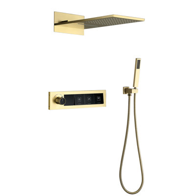 21.65*9.06" Temperature Display Concealed Shower Mixer Set, Brass Two Settings Shower Head and Hand Shower with Rough-in Valve