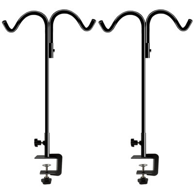 40 Inch Tall Double Deck Hook For Railing, Adjustable Outdoor Shepherds Hook With 2-Inch Strengthened Clamp For Hanging Plant Bird Feeder, 2 Pack