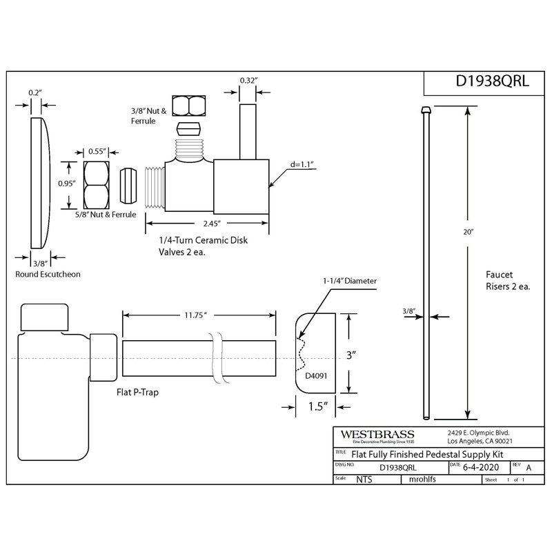 Ensemble d'installation de lavabo sur piédestal avec siphon plat et butées angulaires à levier 1/4 de tour, Chrome poli