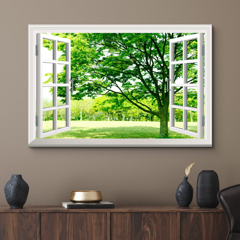 "Fenêtre vue du champ de fleurs vertes", H 32 po x l 48 po
