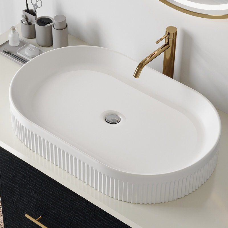 Meuble-lavabo de 22,8 po en céramique blanche, lavabo vasque ovale avec corps à rayures verticales, bonde centrale et ensemble escamotable, meuble-lavabo à comptoir sec en céramique avec rayures, haut, décor éclaboussant