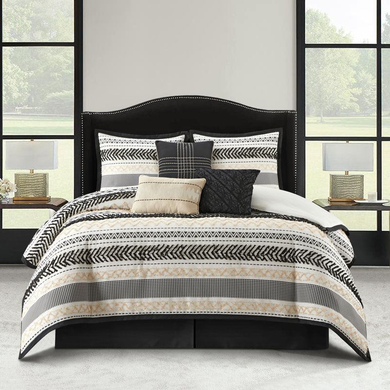 Ivanna 7 Piece Geometric Comforter Set, Black/Gold, Queen Comforter + 6 Additional Pieces