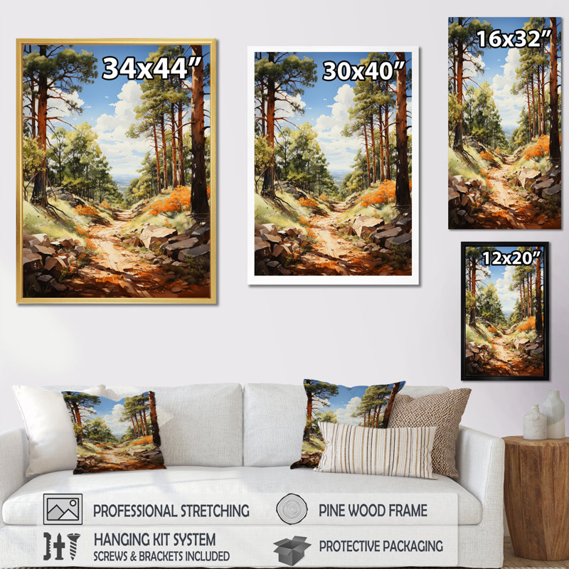 Pine Tree Sunlit Path I - reproduction de cadre flottant sur toile, Cadre photo noir, H 32 po x l 24 po x P 1 po