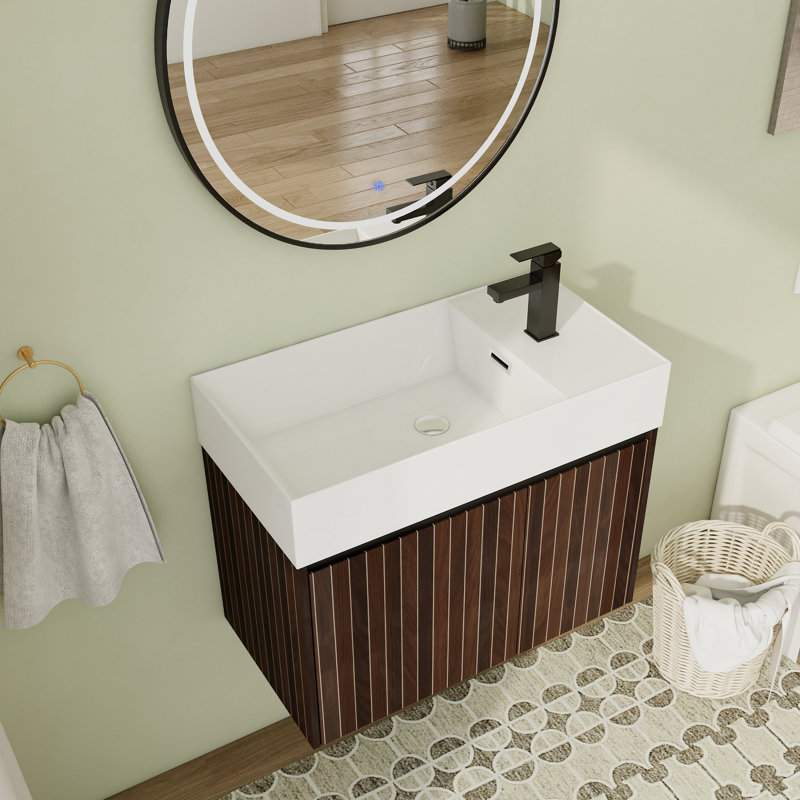 Meuble-lavabo flottant mural 30 po avec plateau en résine et porte à fermeture en douceur, Argent / rayures noires