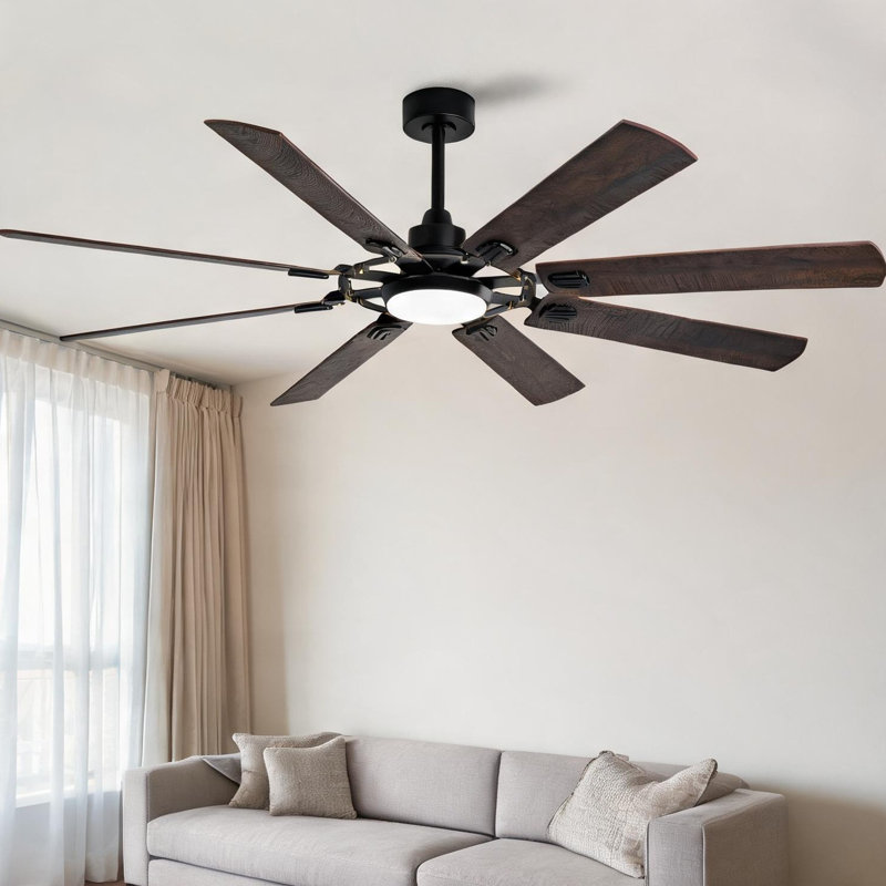 Ventilateur de plafond en bois massif noir et noyer foncé pour le salon avec télécommande et circulation d'air saisonnière