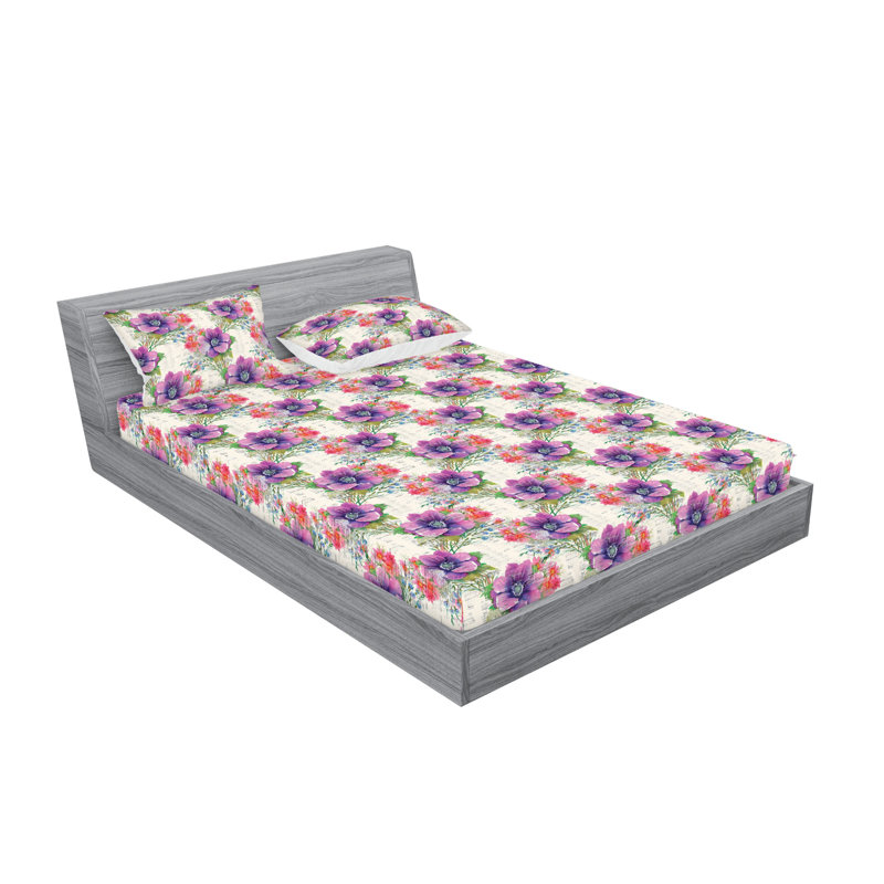 Ambesonne Fitted Sheet & Shams, Pale Purple Flower, King Sheet Set with 2 Pillowcases