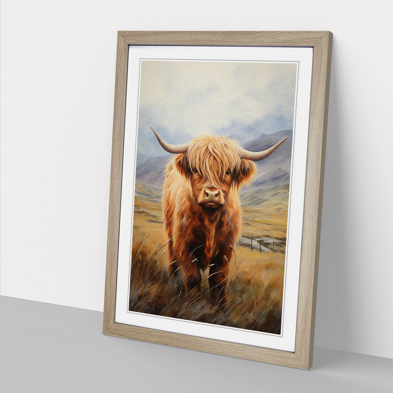 Highland Cow Realism - Single Picture Frame Print on Wood, Oak, 46cm H x 34cm W x 2cm D