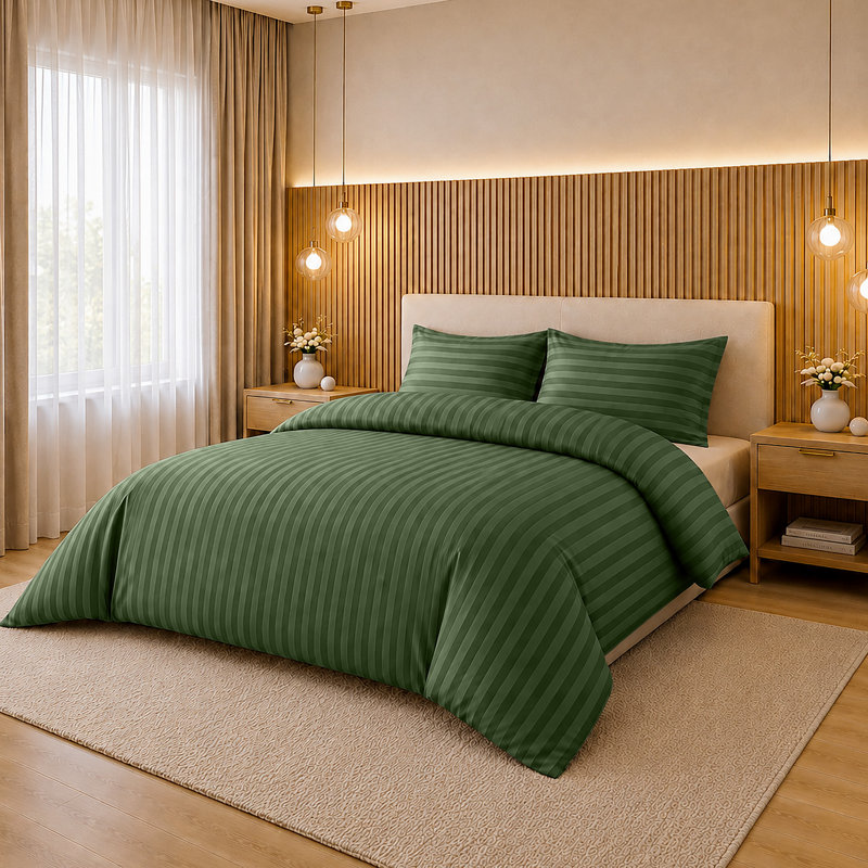 Microfiber Striped Duvet Cover Set with Pillowcases Included, Olive Green Striped