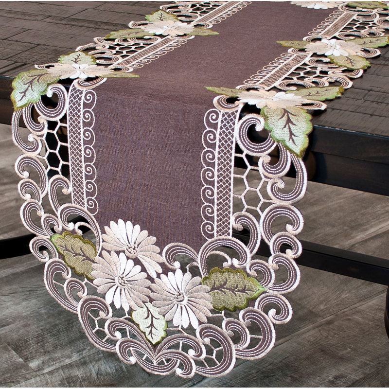 Reanna White Daisy Green Leaves Table Runner, 53" x 15"