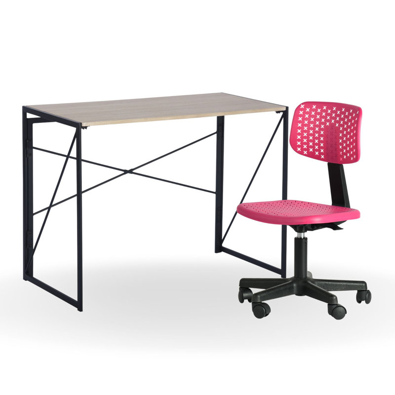 Kids Desk and Chair Set with Foldable Table and Plastic Task Chair for Home Study or Playroom, Natural
