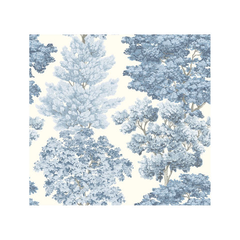 Toile wallpaper featuring a repeat pattern of lush, detailed trees in various shades of blue against a cream background.