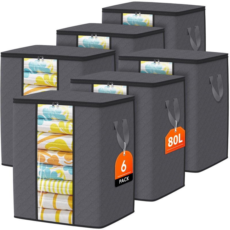 6 Pack Clothes Storage Bags 80L Blanket Storage Containers with Window Grey