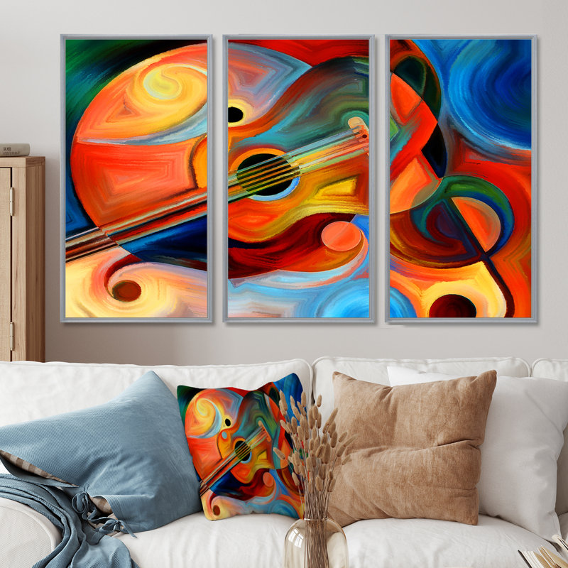 Musique et rythme - Ensemble de 3 reproductions d'art encadrées abstraites sur toile, H 28 po x l 36 po, Argent