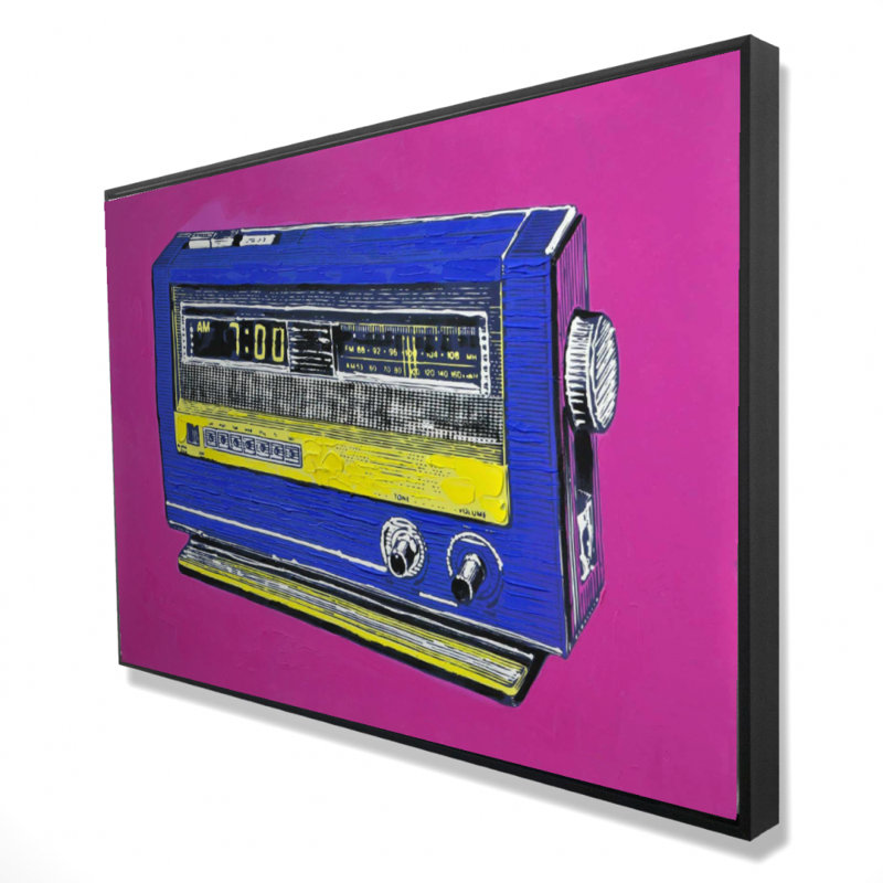 "Alarme radio rétro" sur toile, Rose / bleu / jaune