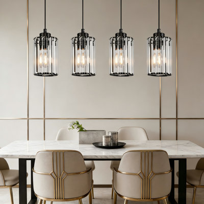 Black Crystal Cylinder Pendant Light - Modern Adjustable Height E27 for Dining Room Kitchen