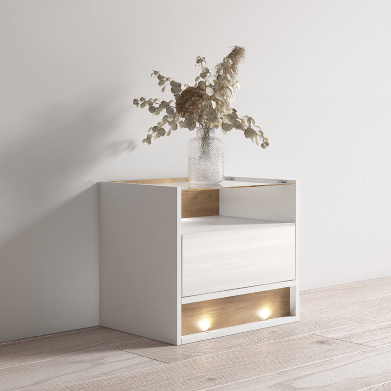 Vision 21.7" Nightstand with 16-Color LED Lighting, High Gloss Finish, White/oak