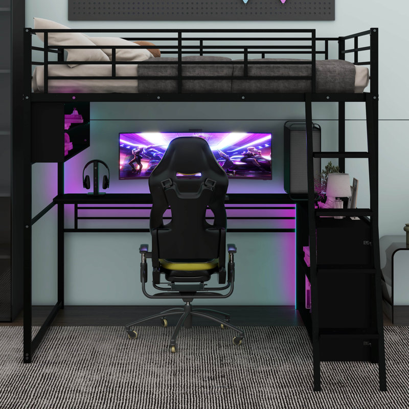Aryela Metal Loft Bed With LED, Desk