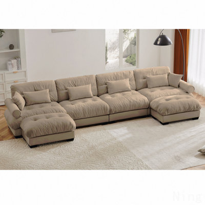 Canapé en forme de U idéal pour les week-end relaxants Canapé modulaire Cloud avec repose-pieds mobiles, canapé d'angle rembourré en velours moderne et confortable à 4 places avec accoudoirs, coussins de taille et coussins décoratifs, brun clair