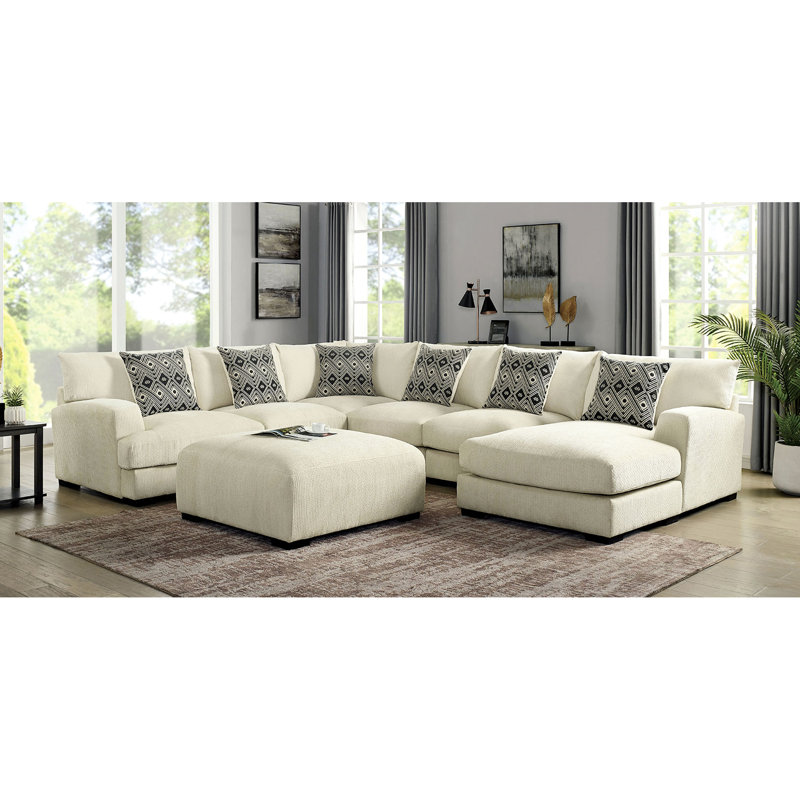 Chenille carrée contemporaine revêtue de beige avec couche de mousse à mémoire de forme, pieds fuselés en bois massif, largeur de 42 po, profondeur, hauteur de 21 po, plateau à installation simple et configuration longue, large et modulaire