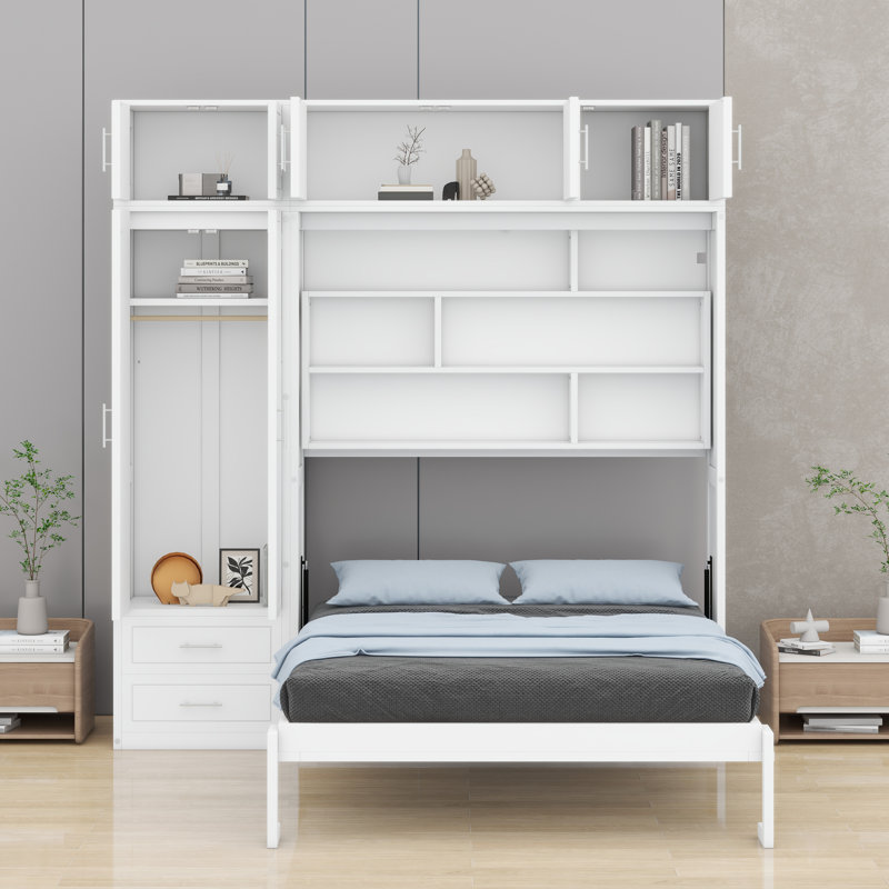 Lit escamotable mural avec armoire supérieure, Blanc
