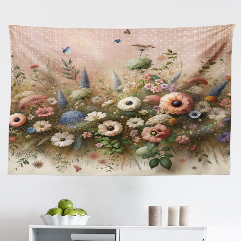 Charlton Home Floral Eucalyptus Wall Hanging Tapestry Boho Wild Garden Rose and Olive Green, H 30 po x l 45 po
