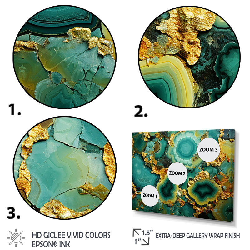 Amazonite dorée verte dorée - géode de pierre, art mural, Cadre doré à coins fermés, H 34 po x l 44 po x P 1,5 po