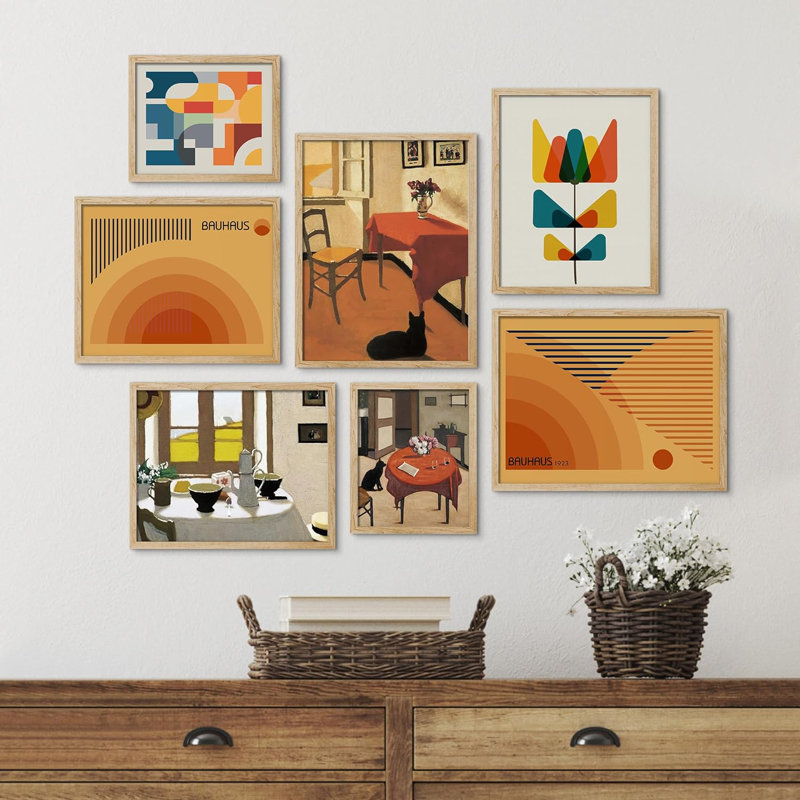 Collage Mid-Century, formes abstraites, art moderne bohème chic pour le salon, la chambre à coucher, le bureau, impression encadrée sur papier, 7 pièces