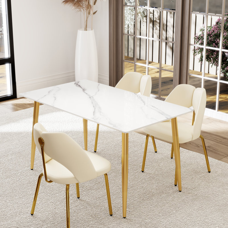 Table de salle à manger moderne à 4 pieds avec plateau en pierre frittée, Blanc / Doré