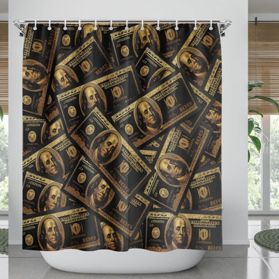 Luxury Franklin 100 Dollar Bill Shower Curtain - Modern Black Bathroom Decor with 12 Hooks