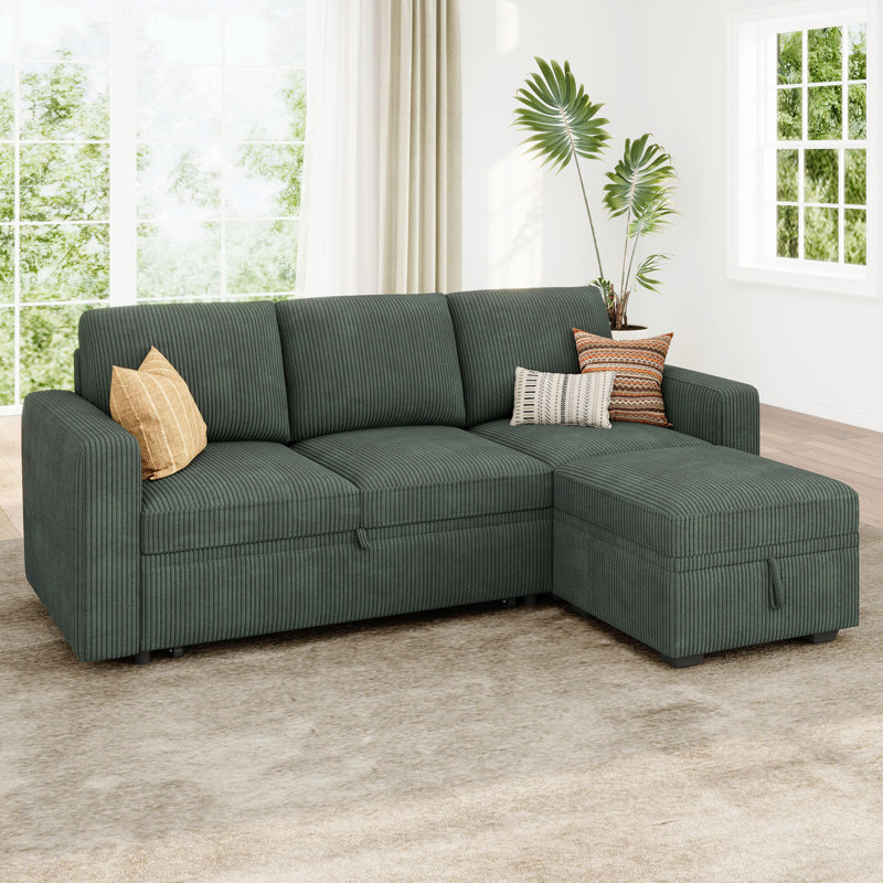 Anureet L-Shaped Sectional Modular Sofa Bed With Storage Seat, Gray Polyester Blend