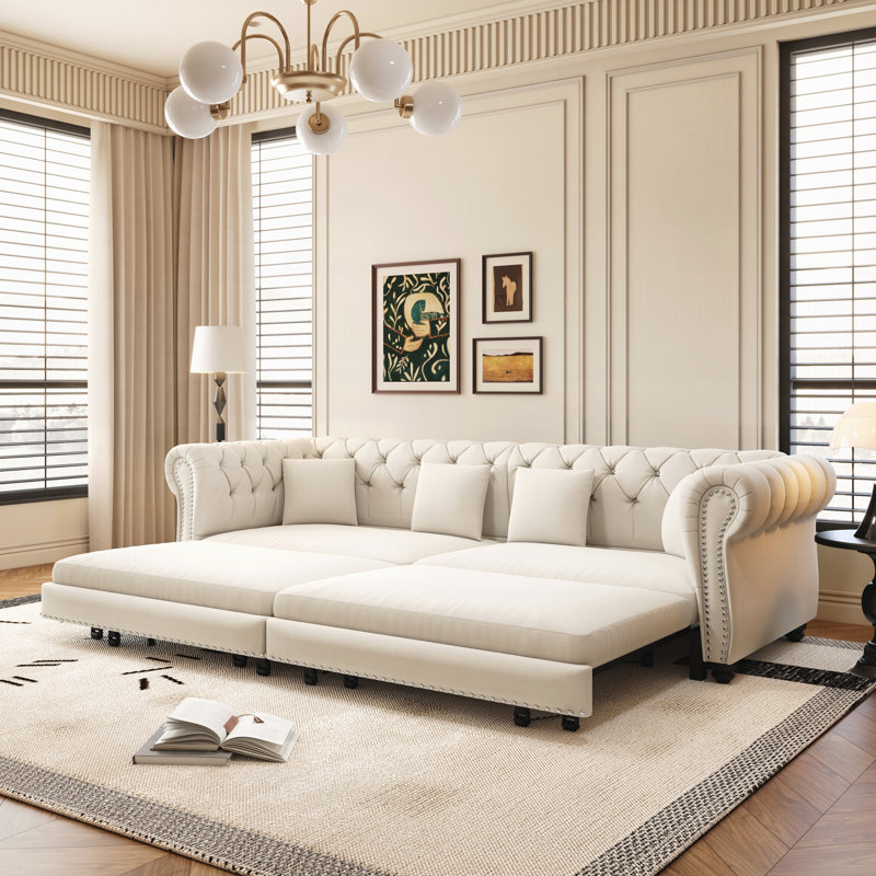 Canapé Chesterfield, canapé-lit 3 en 1, canapé-lit convertible, canapé-lit king size, méridienne, canapé 3 places en velours avec pouf amovible