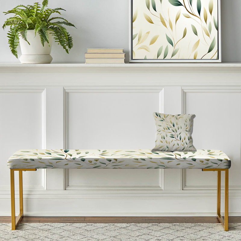 Floral Upholstered Gold Bench, Neutral Leaves II Plants Floral