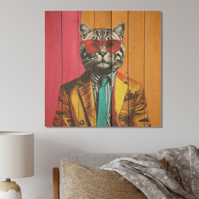 Popart Iconic Cat In Suit I - Cat On Wood Print