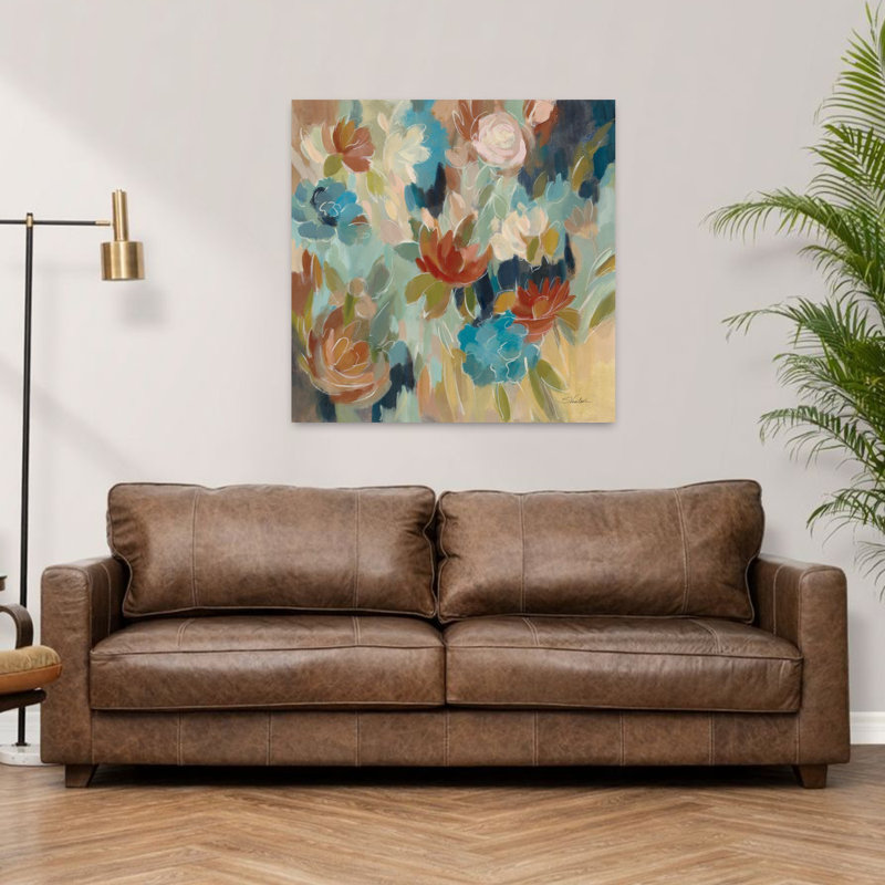 Floral contemporain bleu et sienne avec art abstrait bleu, H 36 po x l 36 po
