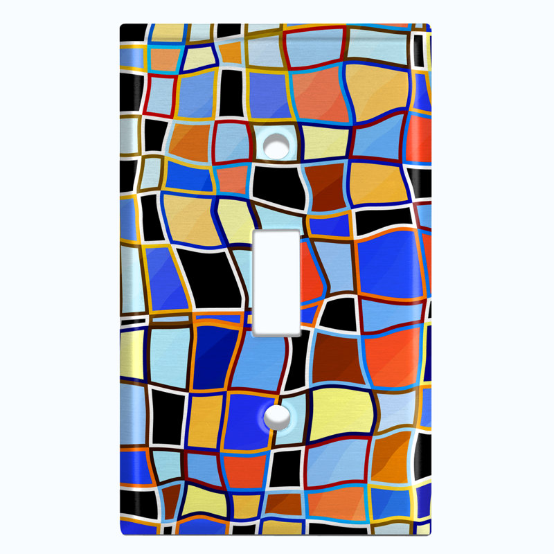 Metal Light Switch Plate Outlet Cover (Colourful Stained Glass Tile Print  - Single Toggle)