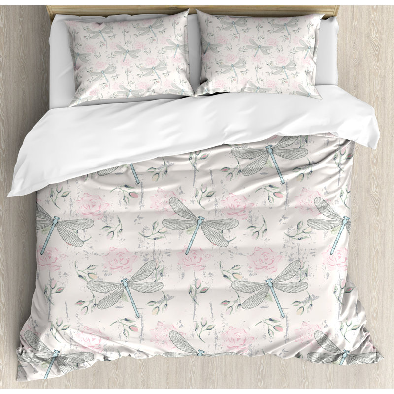 Ensemble de housse de couette à imprimé libellule shabbys et roses vieillies avec mites bugs, Très grand