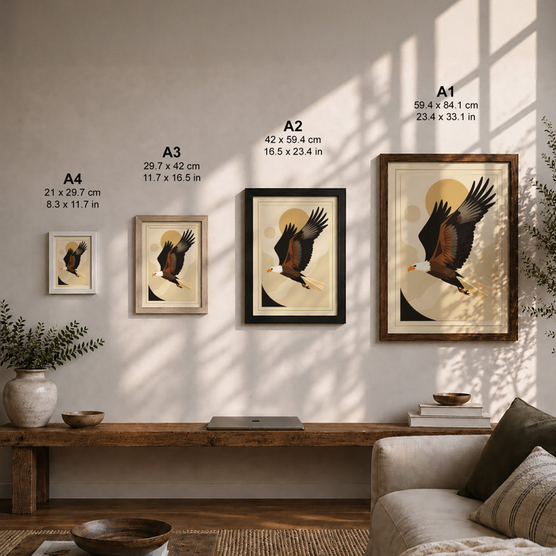 Eagle in Flight Art Deco - Framed Print, A3 - 42.0 x 29.7 cm, Oak
