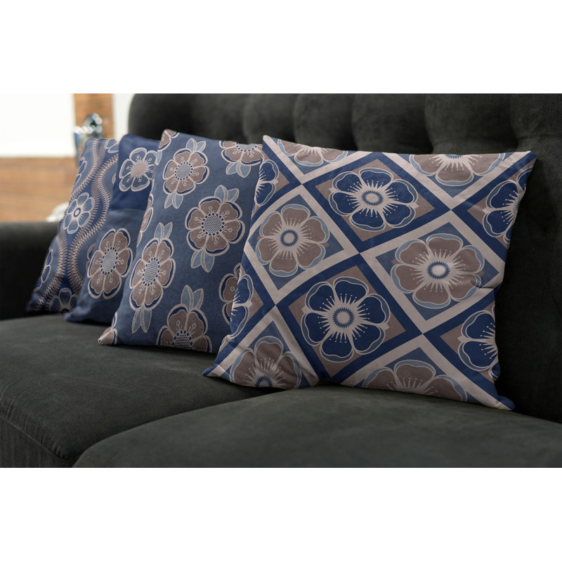Abstract Reversible Pillow Cover, 16" x 16", Dark Ceil Blue And Tan