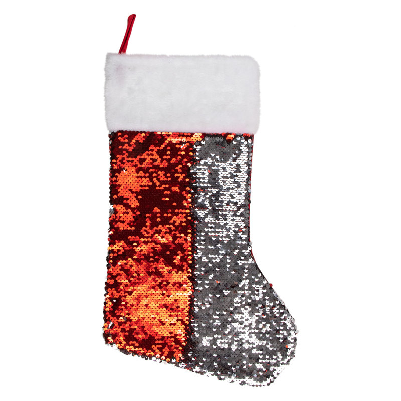 Chaussette de Noël 19 po à paillettes rouges et argent avec manchette en fausse fourrure blanche