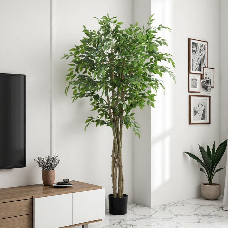 Arbre ficus artificiel de 78 po de hauteur - arbre artificiel Real Touch avec 1674 feuilles vertes réalistes, conception à deux troncs, en pot de ciment noir