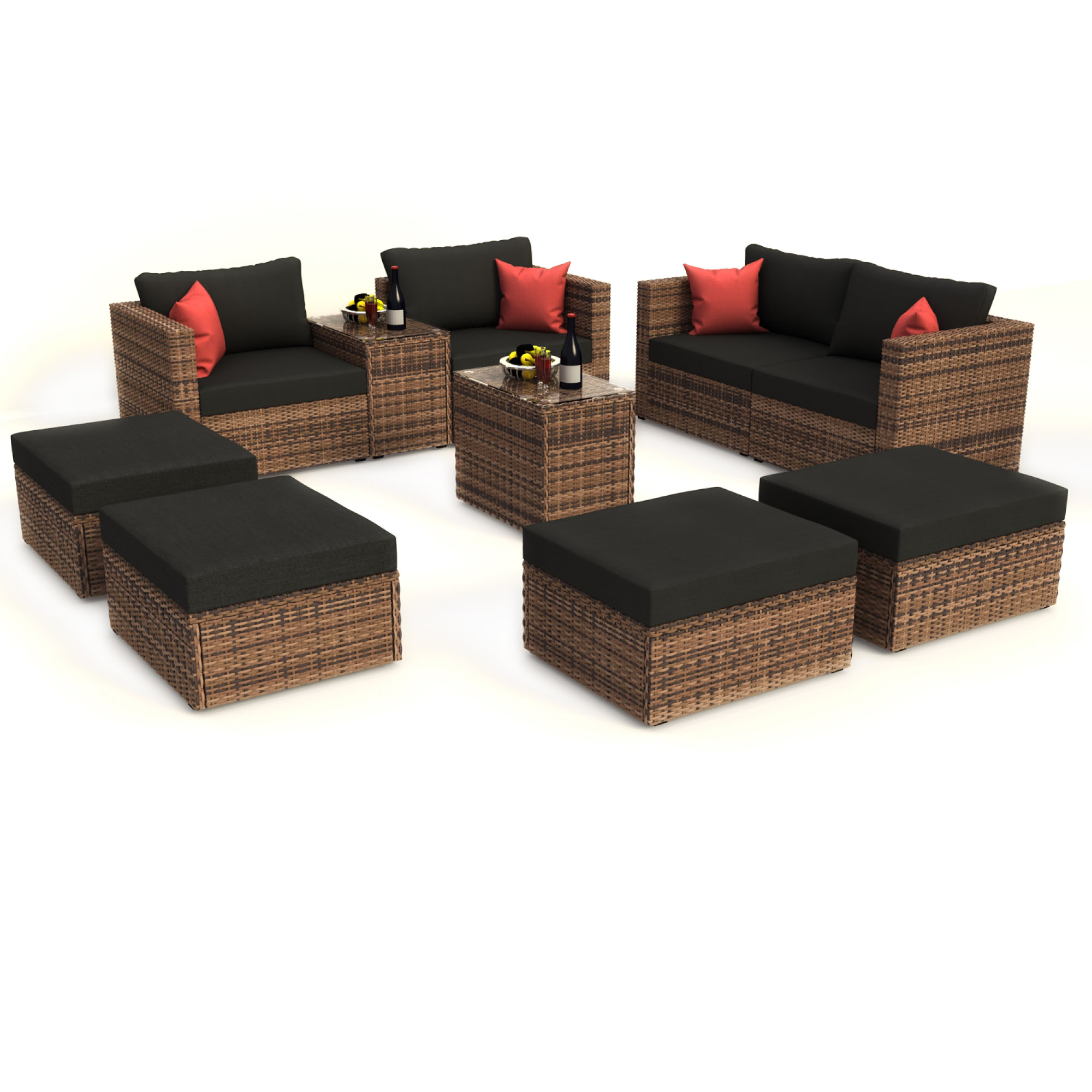 10 Pieces Outdoor Patio Garden Brown Wicker Sectional Conversation Sofa Set  