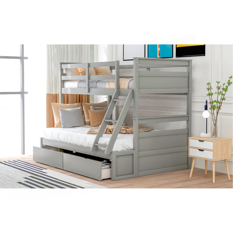 Lit simple superposé au dessus d'un lit double avec rangement - Gris
