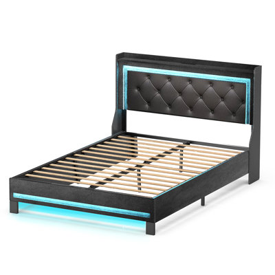 Najir Bed Frame with Charging Station, LED Light Strip and Upholstered Headboard
