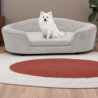 Canapé pour chien semi-fermé surdimensionné ovale surdimensionné - Matériau en lin durable, dossier capitonné, support central haut-bas et confort moelleux